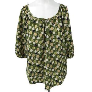 Ann Taylor Loft Peasant Blouse Size S Green Flowers Floral Abstract Short Sleeve